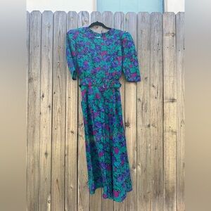 Vintage 80s Floral Patterned Dress in Teal, Pink and Purple